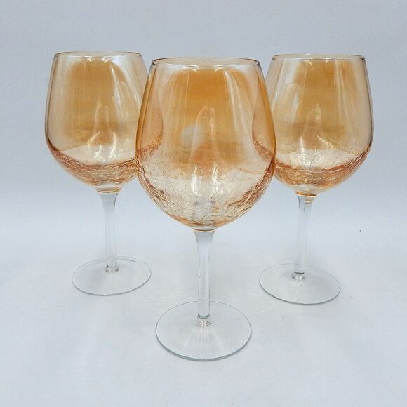 Pier 1 One Golden Luster Amber Crackle Mouth Blown Balloon Red Wine Glass Set/3 - Picture 1 of 10